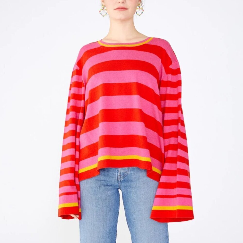 BAN.DO Bell Sleeve Red and Pink Stripe Cotton Wool‎ Pullover Sweater